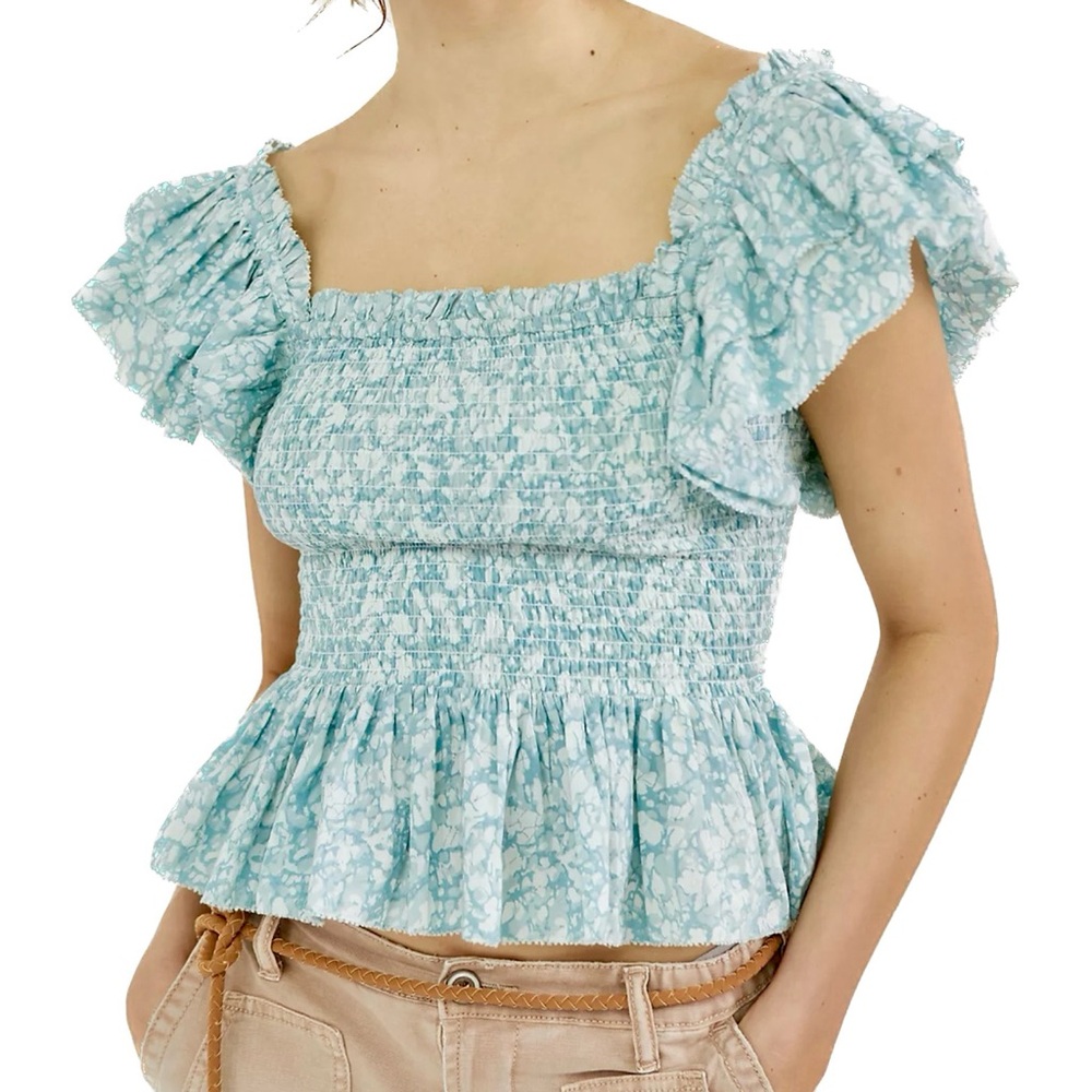 Love the Label Cottage Core Smocked Flutter Sleeve Ruffle Peplum Top
